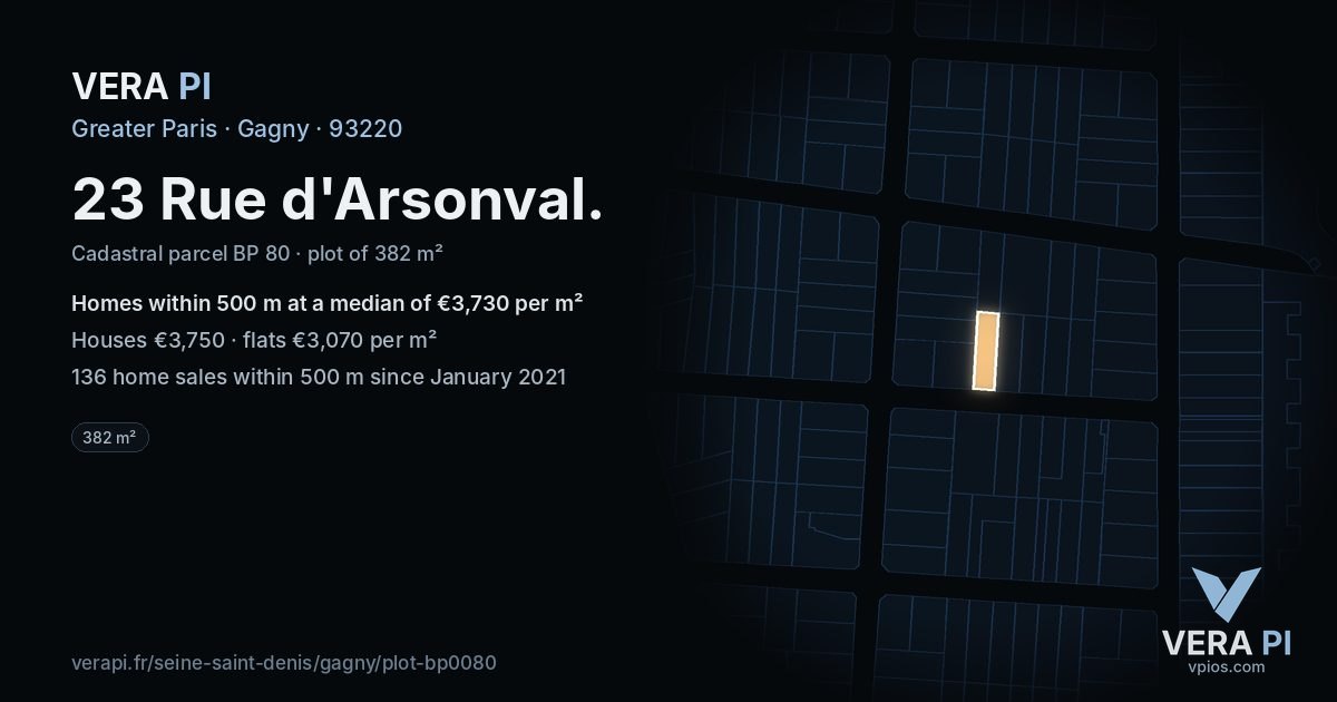 23 Rue d'Arsonval, Gagny at night – the plot lit, the parcels around coloured by the prices near them