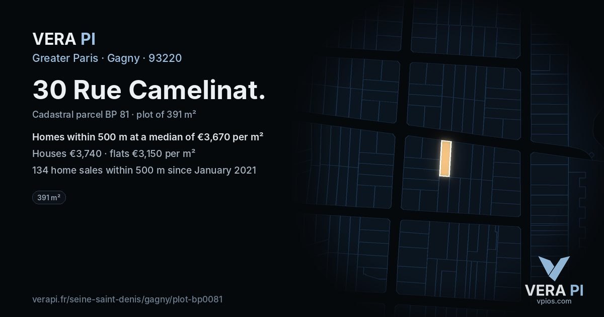30 Rue Camelinat, Gagny at night – the plot lit, the parcels around coloured by the prices near them