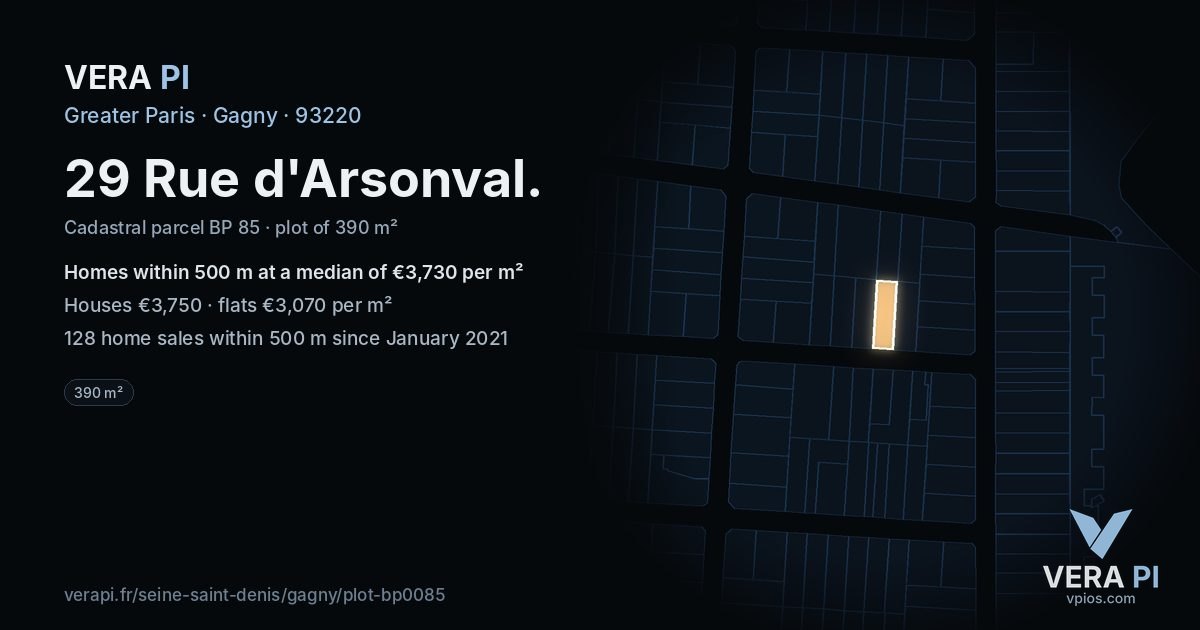 29 Rue d'Arsonval, Gagny at night – the plot lit, the parcels around coloured by the prices near them