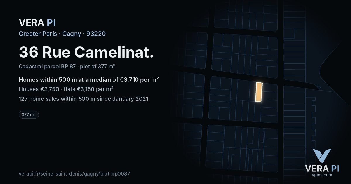 36 Rue Camelinat, Gagny at night – the plot lit, the parcels around coloured by the prices near them