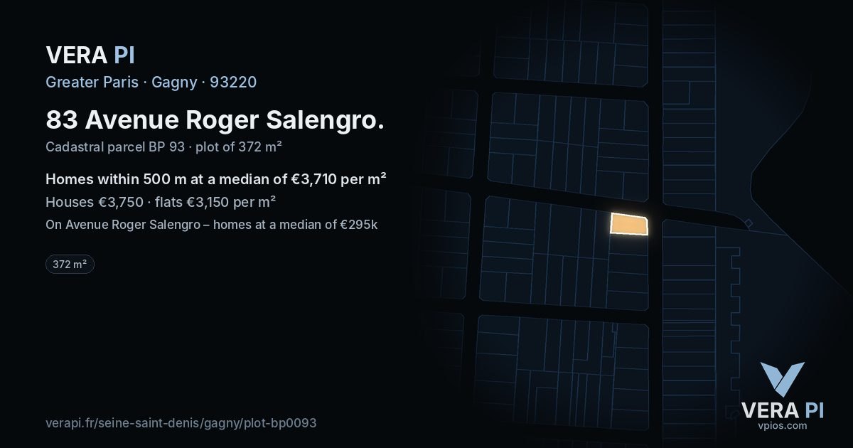 83 Avenue Roger Salengro, Gagny at night – the plot lit, the parcels around coloured by the prices near them