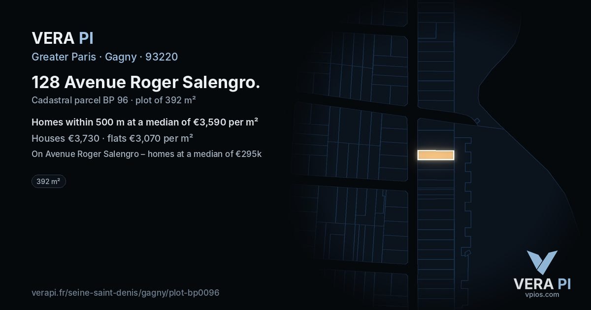 128 Avenue Roger Salengro, Gagny at night – the plot lit, the parcels around coloured by the prices near them