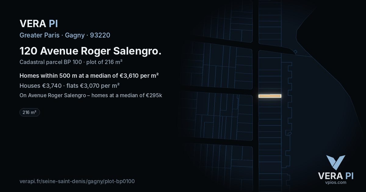 120 Avenue Roger Salengro, Gagny at night – the plot lit, the parcels around coloured by the prices near them