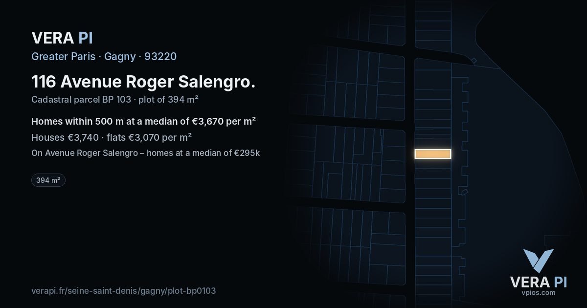 116 Avenue Roger Salengro, Gagny at night – the plot lit, the parcels around coloured by the prices near them