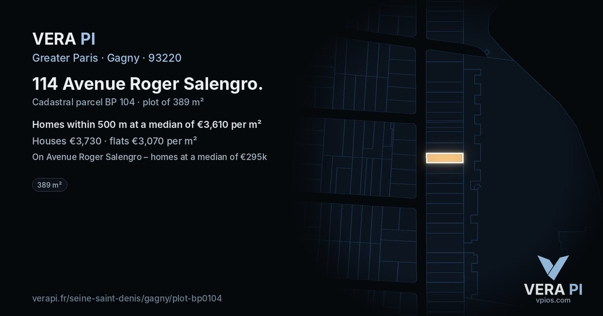 114 Avenue Roger Salengro, Gagny at night – the plot lit, the parcels around coloured by the prices near them