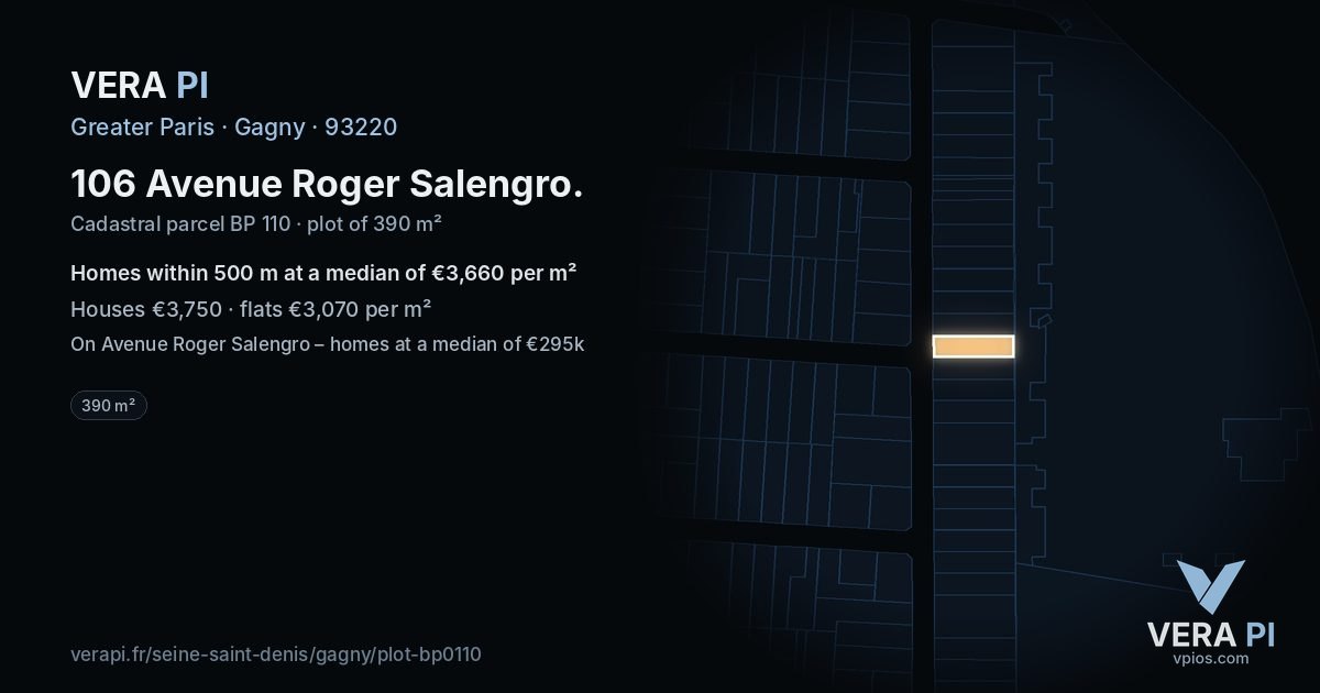 106 Avenue Roger Salengro, Gagny at night – the plot lit, the parcels around coloured by the prices near them