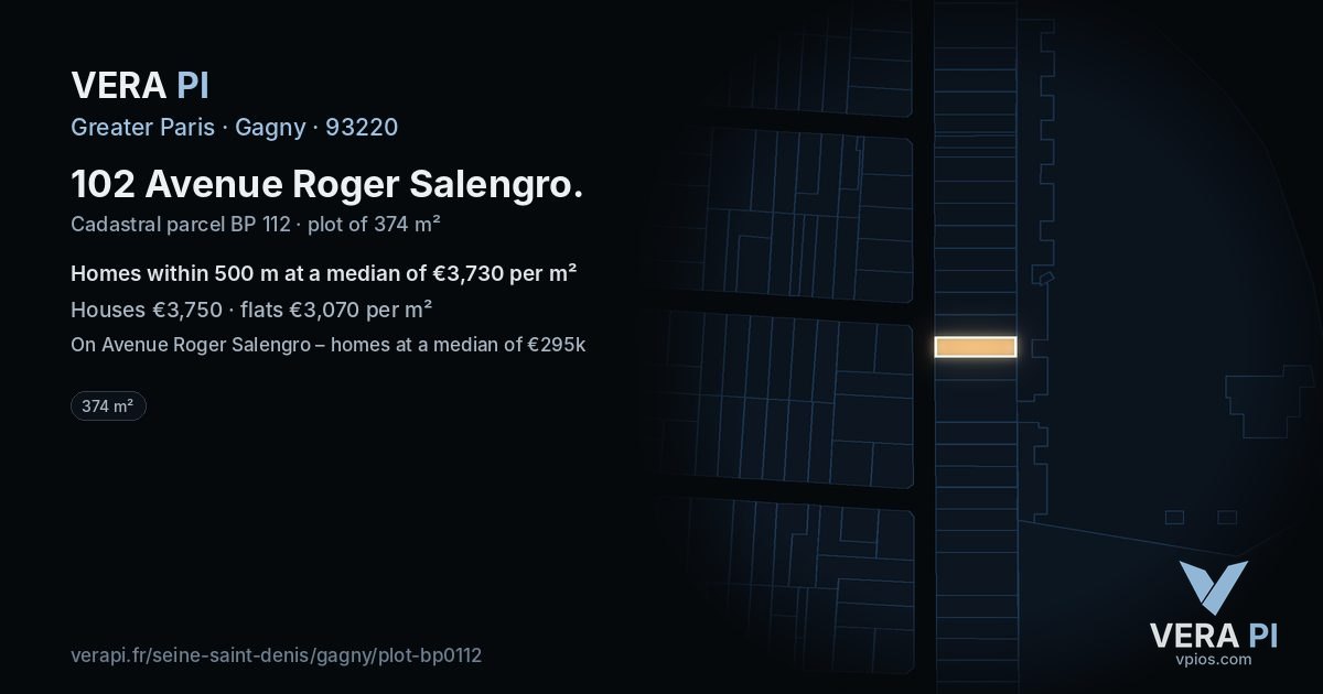 102 Avenue Roger Salengro, Gagny at night – the plot lit, the parcels around coloured by the prices near them