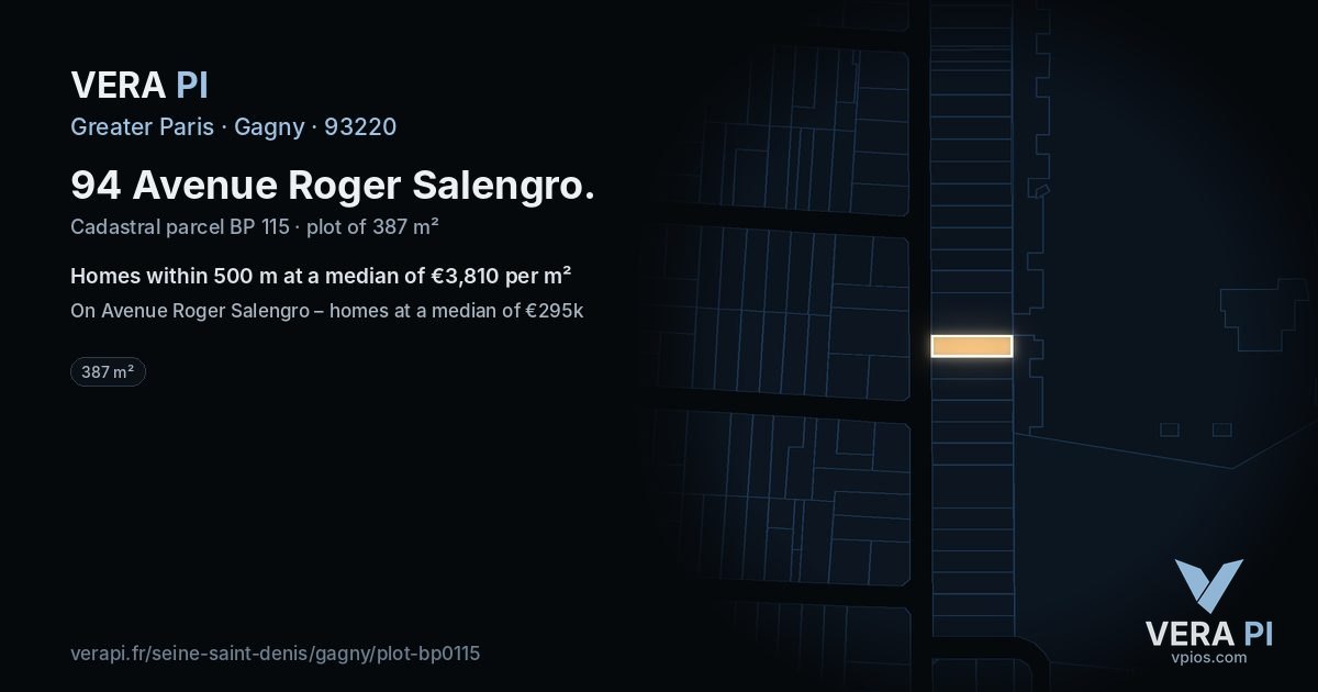 94 Avenue Roger Salengro, Gagny at night – the plot lit, the parcels around coloured by the prices near them