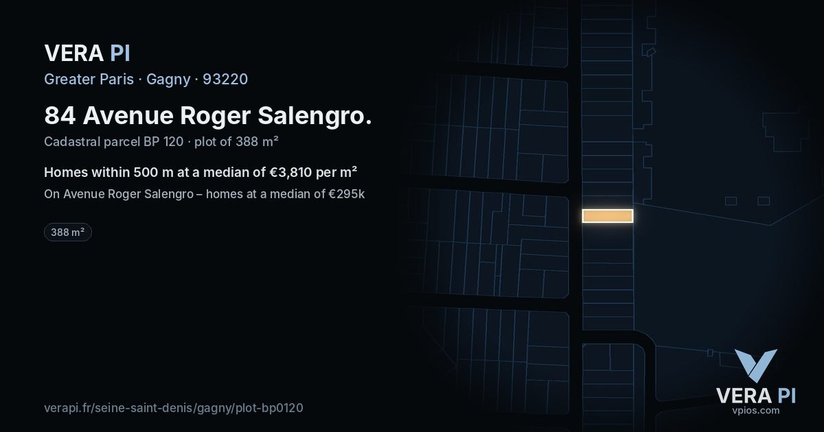 84 Avenue Roger Salengro, Gagny at night – the plot lit, the parcels around coloured by the prices near them