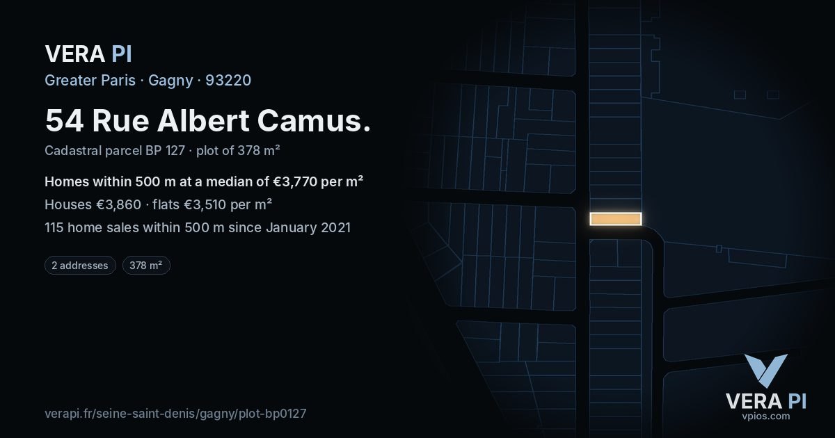 54 Rue Albert Camus, Gagny at night – the plot lit, the parcels around coloured by the prices near them