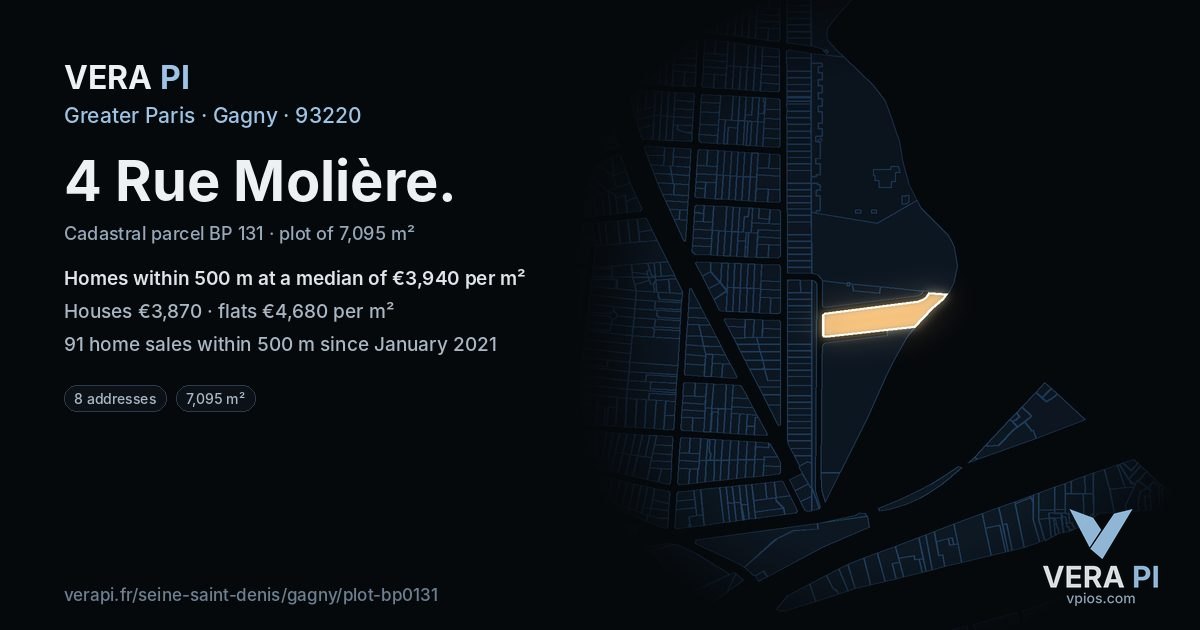 4 Rue Molière, Gagny at night – the plot lit, the parcels around coloured by the prices near them