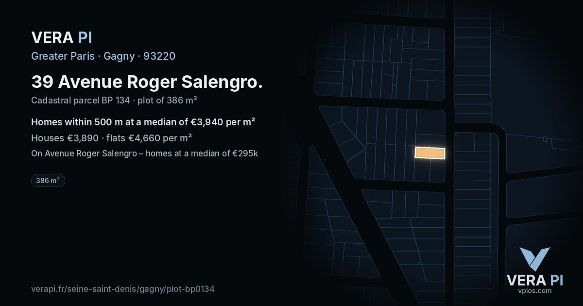 39 Avenue Roger Salengro, Gagny at night – the plot lit, the parcels around coloured by the prices near them