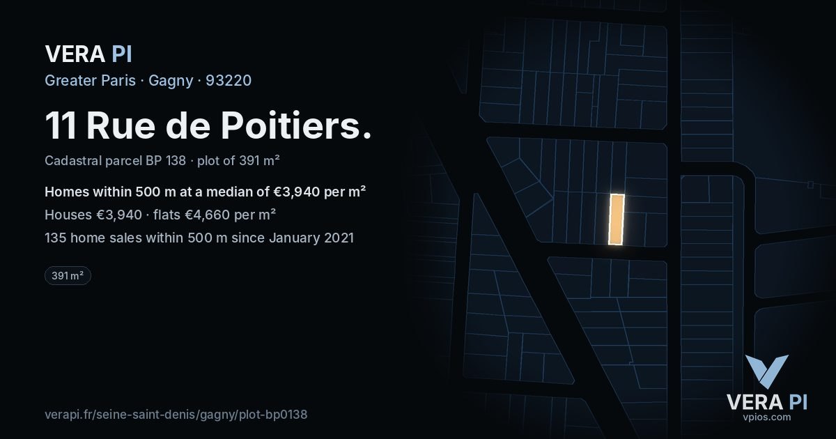 11 Rue de Poitiers, Gagny at night – the plot lit, the parcels around coloured by the prices near them