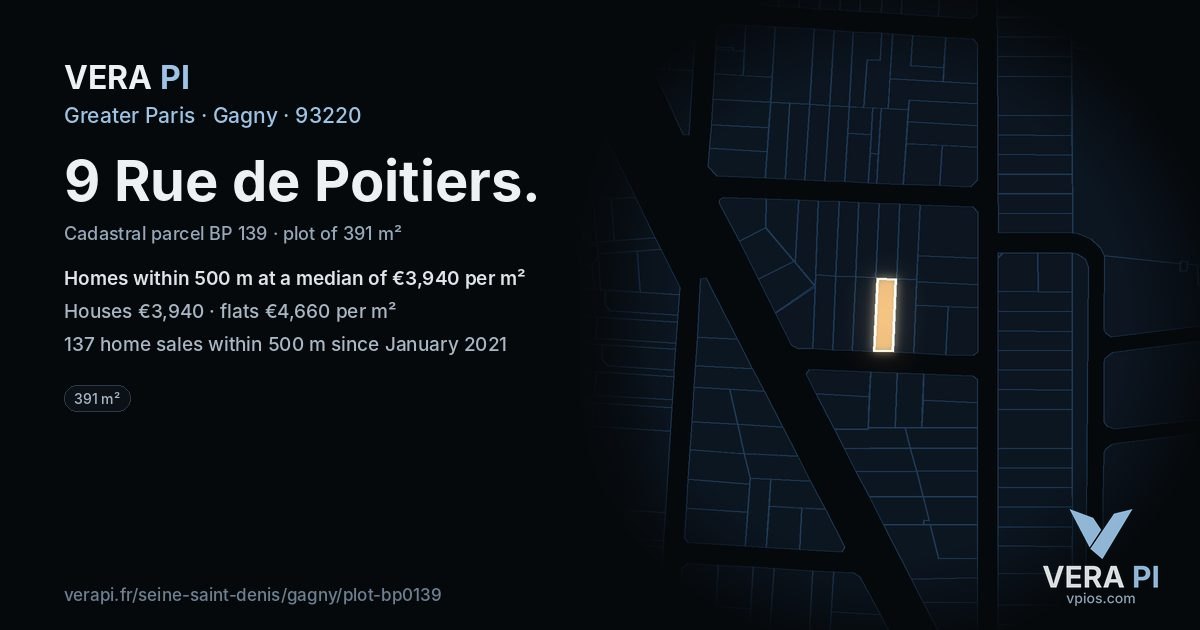 9 Rue de Poitiers, Gagny at night – the plot lit, the parcels around coloured by the prices near them