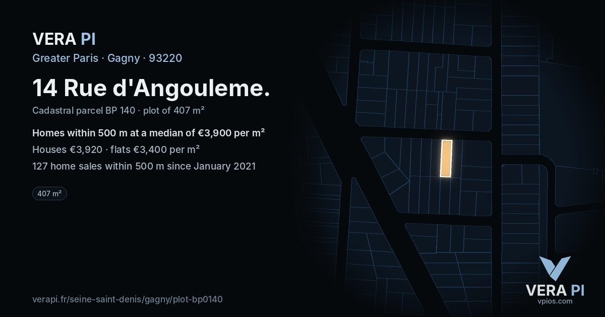 14 Rue d'Angouleme, Gagny at night – the plot lit, the parcels around coloured by the prices near them