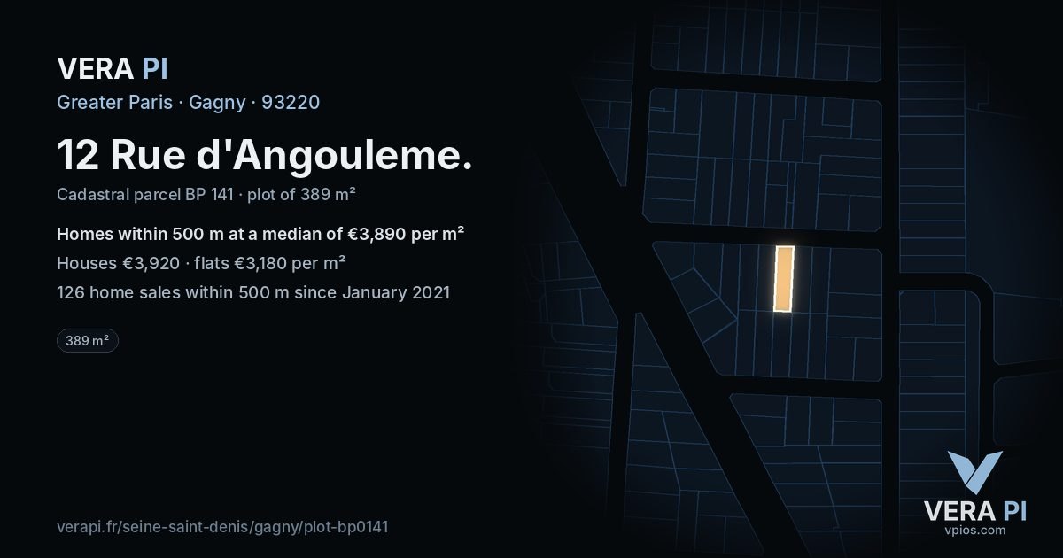 12 Rue d'Angouleme, Gagny at night – the plot lit, the parcels around coloured by the prices near them