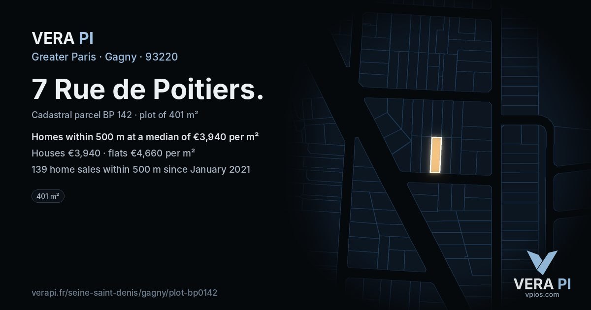 7 Rue de Poitiers, Gagny at night – the plot lit, the parcels around coloured by the prices near them
