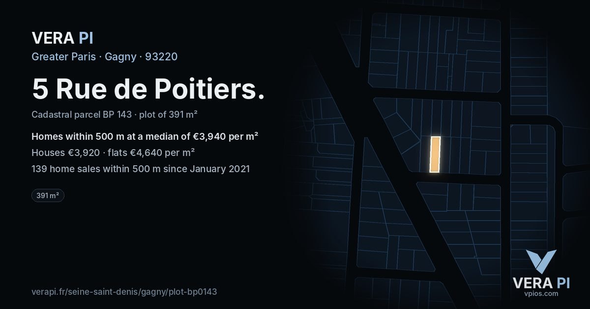 5 Rue de Poitiers, Gagny at night – the plot lit, the parcels around coloured by the prices near them