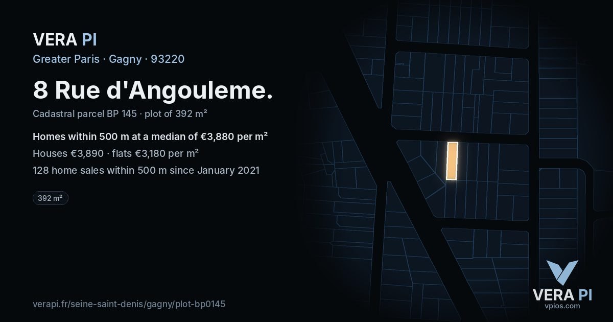 8 Rue d'Angouleme, Gagny at night – the plot lit, the parcels around coloured by the prices near them