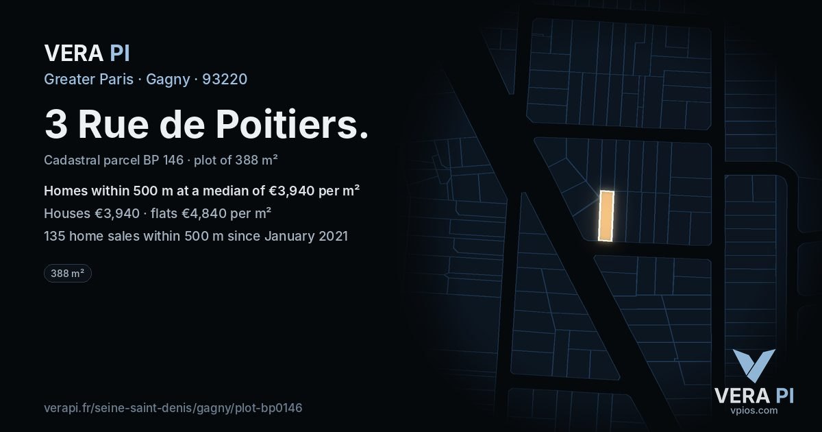 3 Rue de Poitiers, Gagny at night – the plot lit, the parcels around coloured by the prices near them