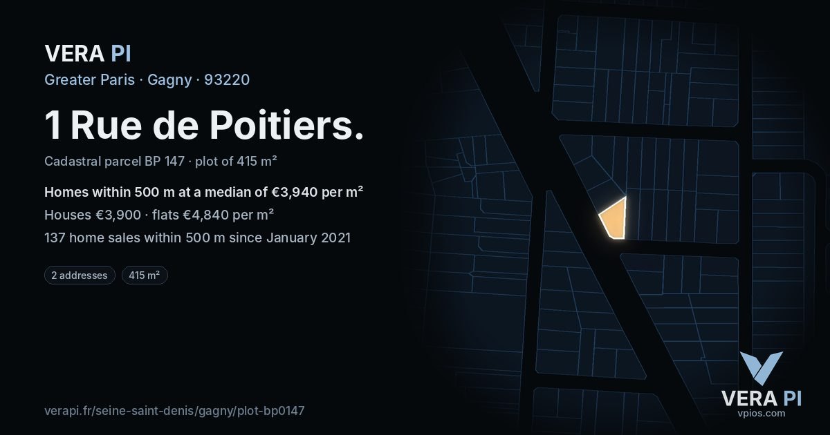 1 Rue de Poitiers, Gagny at night – the plot lit, the parcels around coloured by the prices near them