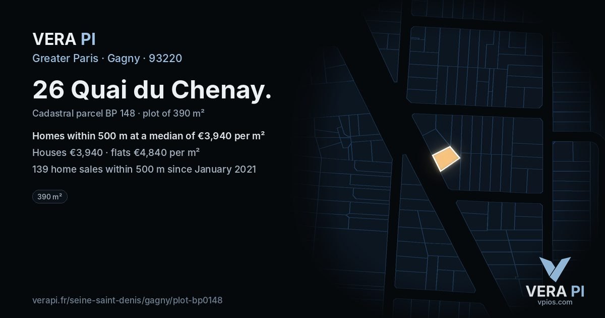 26 Quai du Chenay, Gagny at night – the plot lit, the parcels around coloured by the prices near them