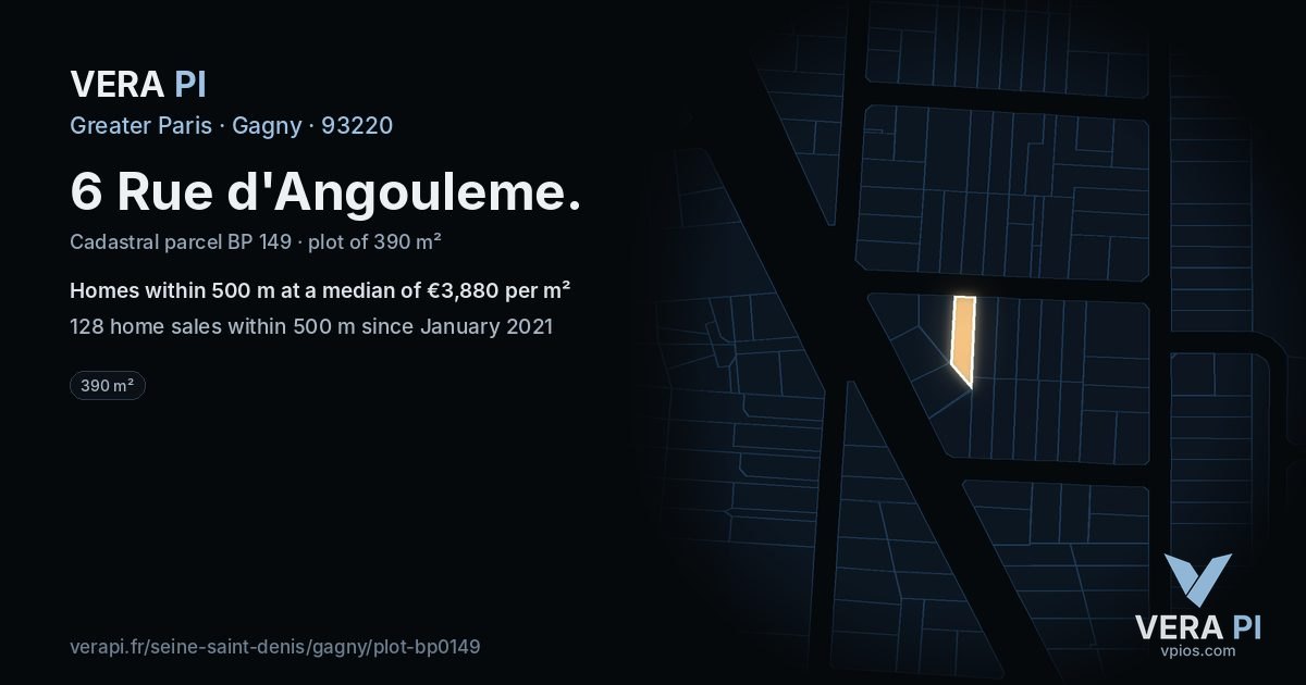 6 Rue d'Angouleme, Gagny at night – the plot lit, the parcels around coloured by the prices near them