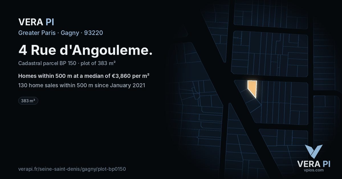 4 Rue d'Angouleme, Gagny at night – the plot lit, the parcels around coloured by the prices near them