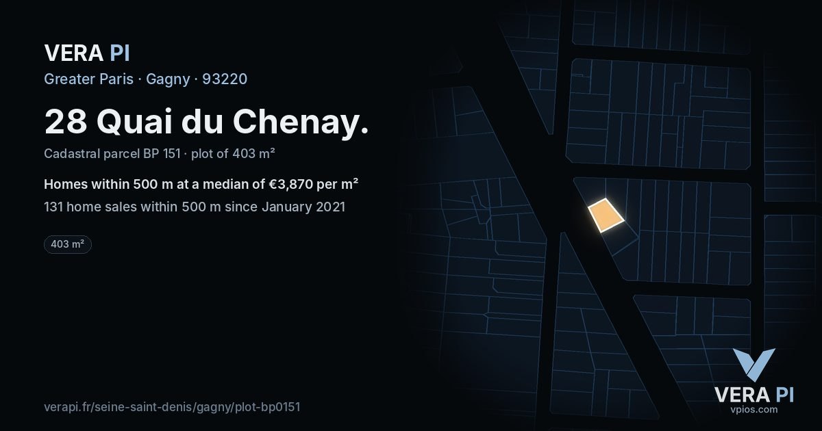 28 Quai du Chenay, Gagny at night – the plot lit, the parcels around coloured by the prices near them