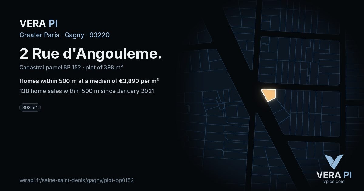 2 Rue d'Angouleme, Gagny at night – the plot lit, the parcels around coloured by the prices near them