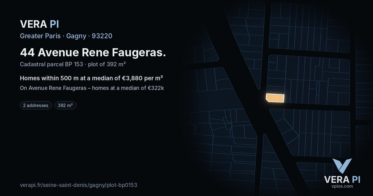 44 Avenue Rene Faugeras, Gagny at night – the plot lit, the parcels around coloured by the prices near them