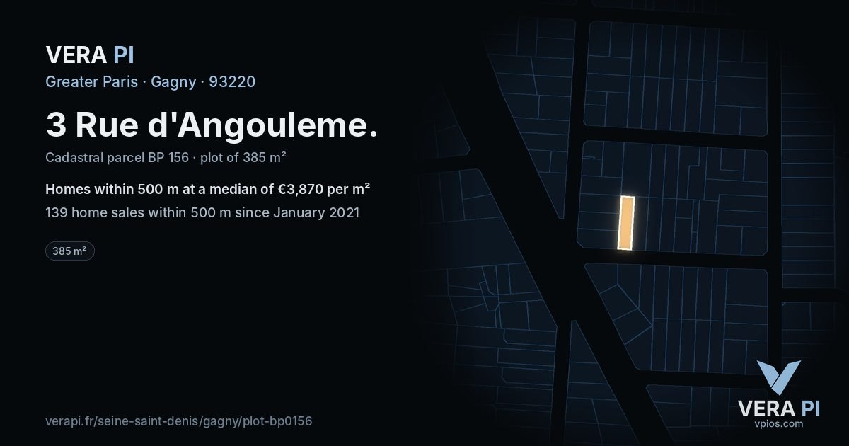 3 Rue d'Angouleme, Gagny at night – the plot lit, the parcels around coloured by the prices near them