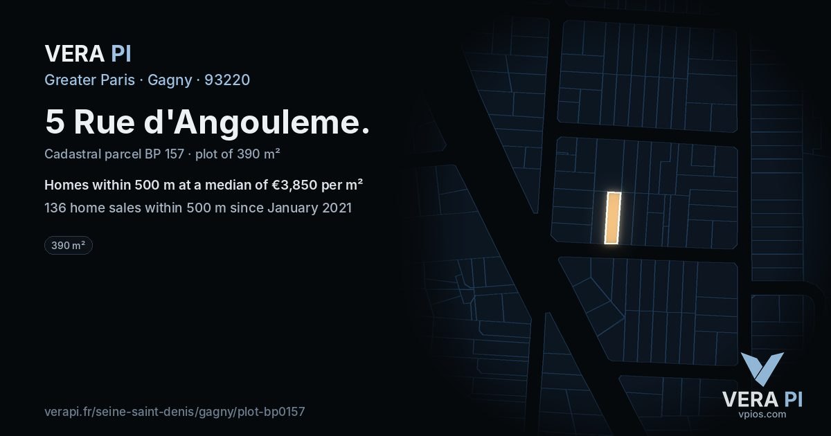 5 Rue d'Angouleme, Gagny at night – the plot lit, the parcels around coloured by the prices near them