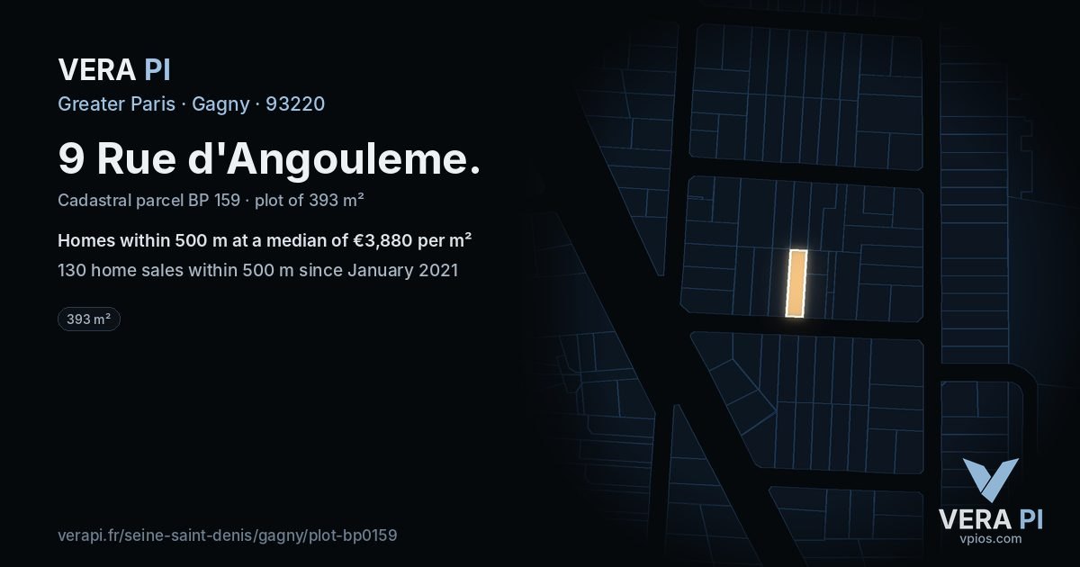 9 Rue d'Angouleme, Gagny at night – the plot lit, the parcels around coloured by the prices near them