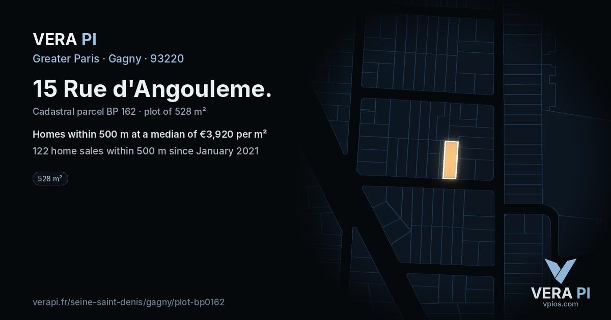 15 Rue d'Angouleme, Gagny at night – the plot lit, the parcels around coloured by the prices near them
