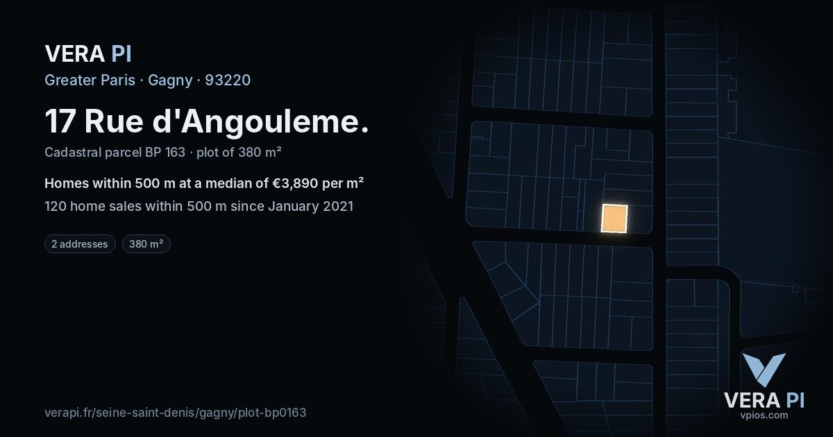 17 Rue d'Angouleme, Gagny at night – the plot lit, the parcels around coloured by the prices near them