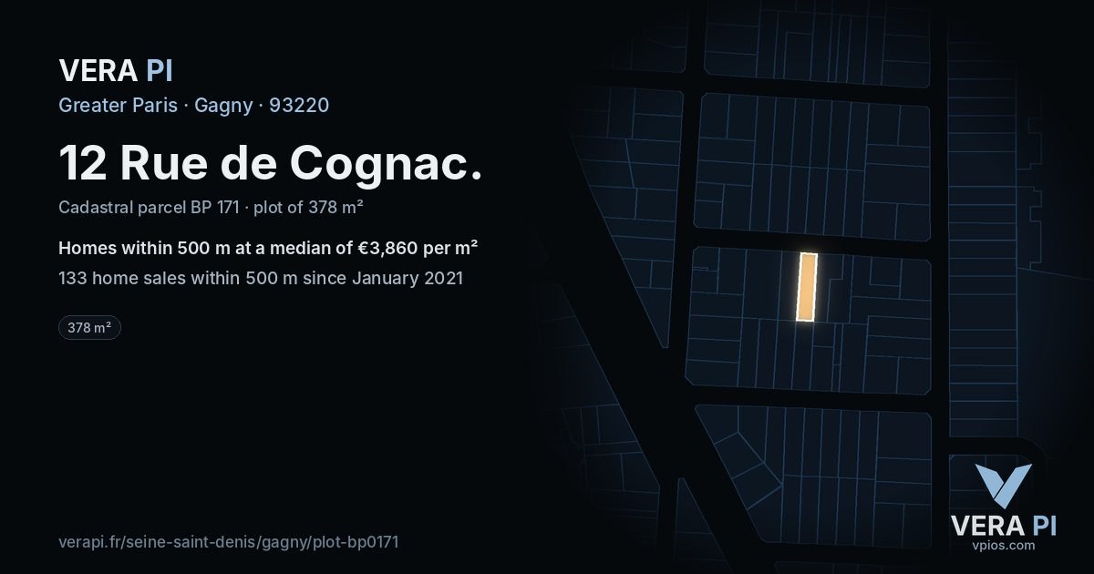12 Rue de Cognac, Gagny at night – the plot lit, the parcels around coloured by the prices near them
