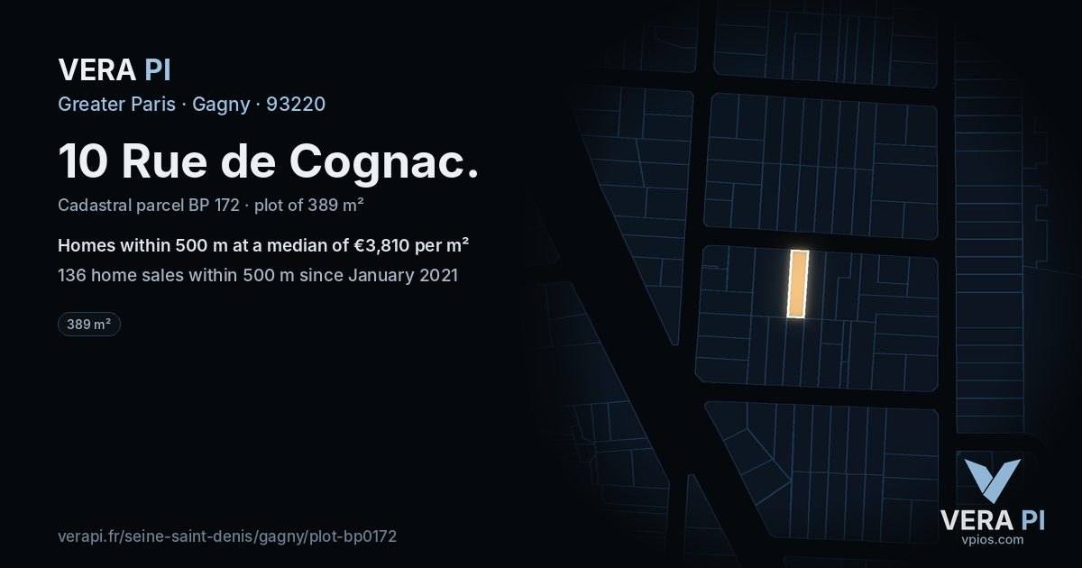 10 Rue de Cognac, Gagny at night – the plot lit, the parcels around coloured by the prices near them