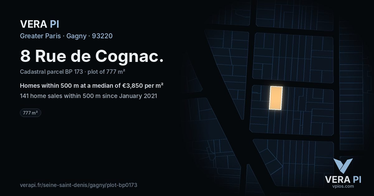 8 Rue de Cognac, Gagny at night – the plot lit, the parcels around coloured by the prices near them