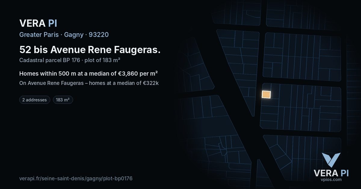 52 bis Avenue Rene Faugeras, Gagny at night – the plot lit, the parcels around coloured by the prices near them