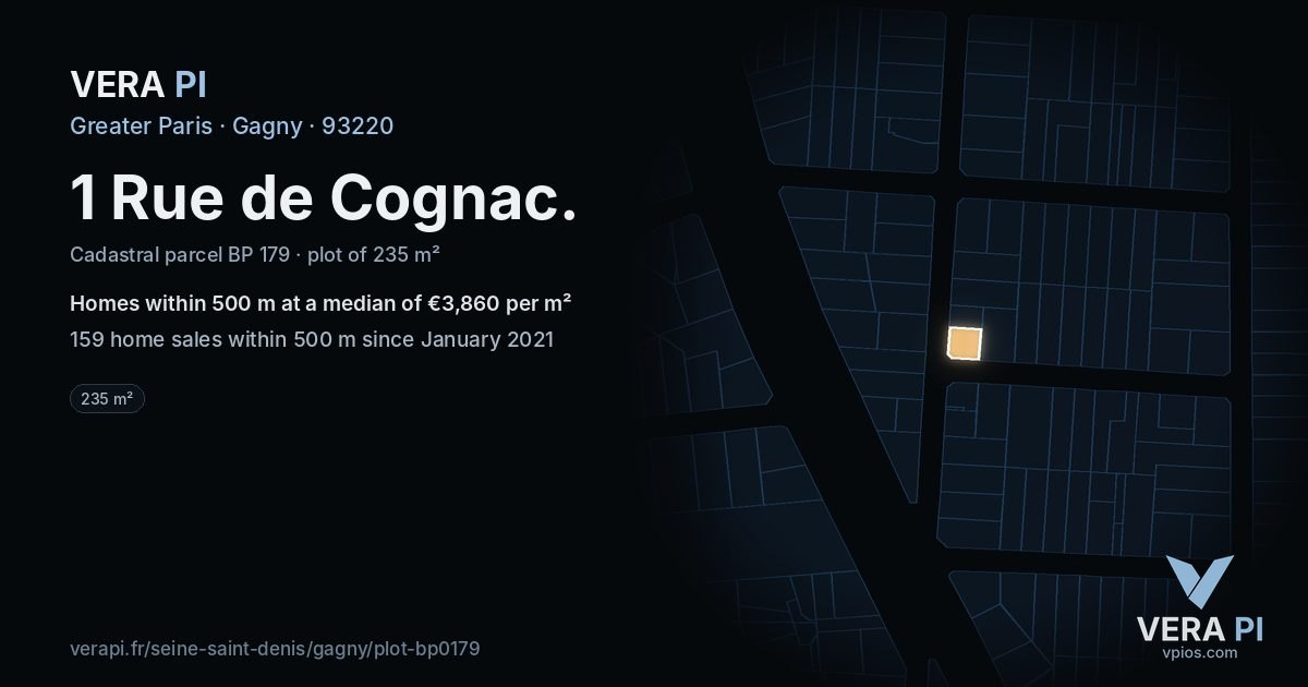 1 Rue de Cognac, Gagny at night – the plot lit, the parcels around coloured by the prices near them