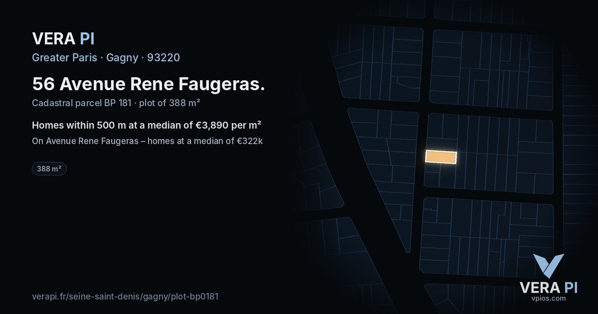 56 Avenue Rene Faugeras, Gagny at night – the plot lit, the parcels around coloured by the prices near them
