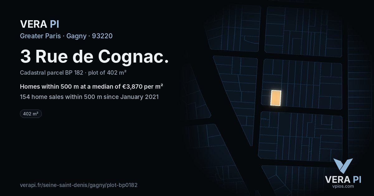 3 Rue de Cognac, Gagny at night – the plot lit, the parcels around coloured by the prices near them