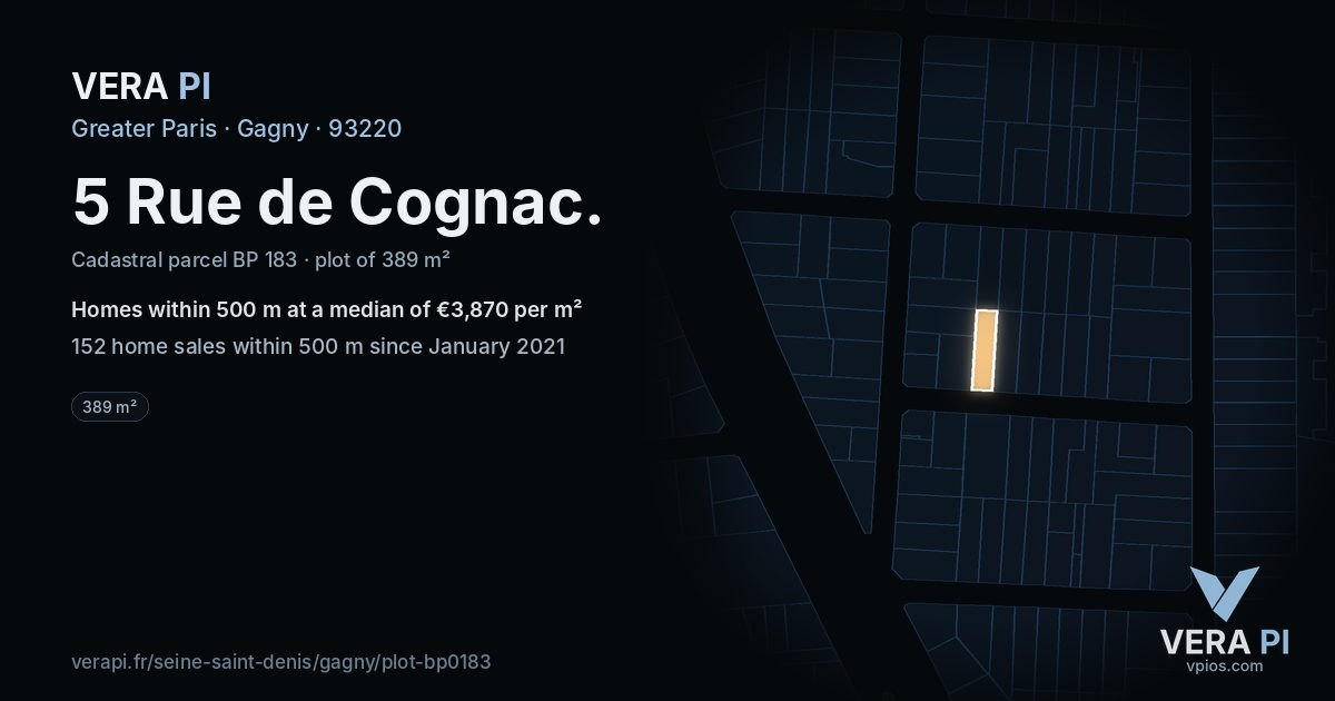 5 Rue de Cognac, Gagny at night – the plot lit, the parcels around coloured by the prices near them
