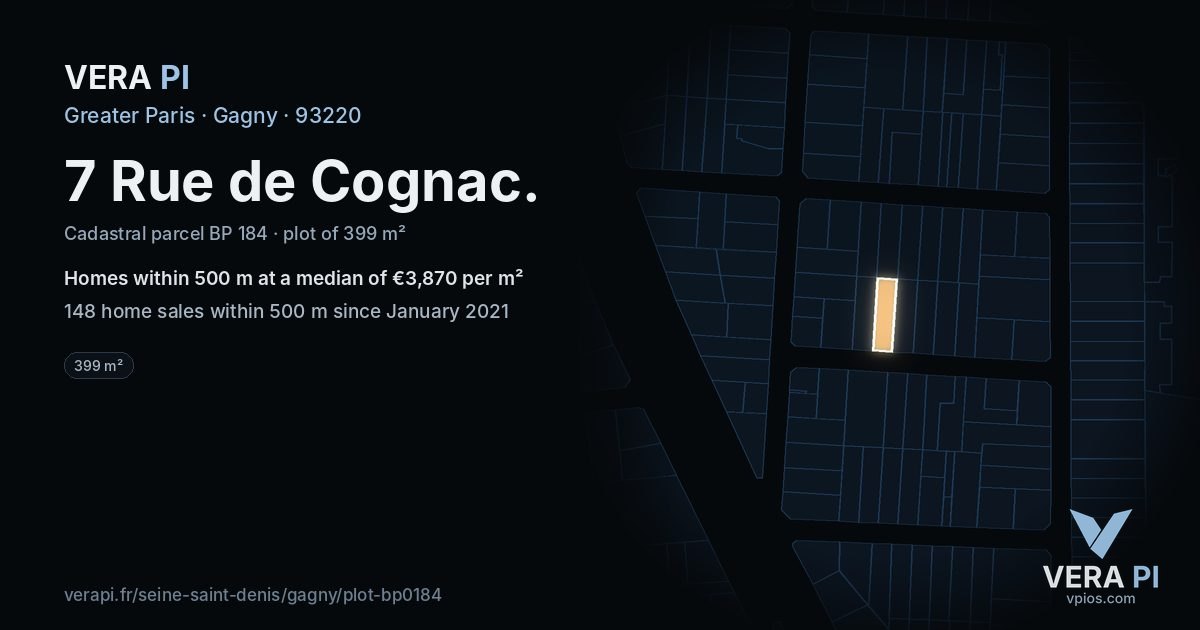 7 Rue de Cognac, Gagny at night – the plot lit, the parcels around coloured by the prices near them