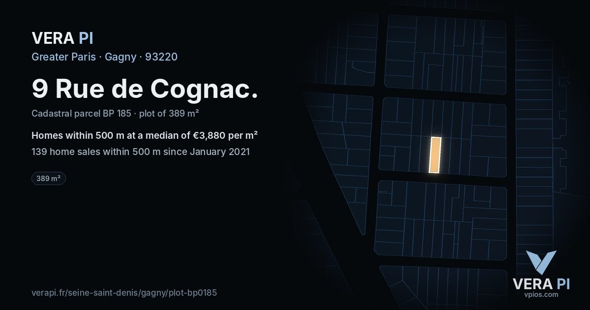 9 Rue de Cognac, Gagny at night – the plot lit, the parcels around coloured by the prices near them