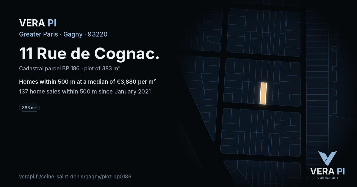 11 Rue de Cognac, Gagny at night – the plot lit, the parcels around coloured by the prices near them