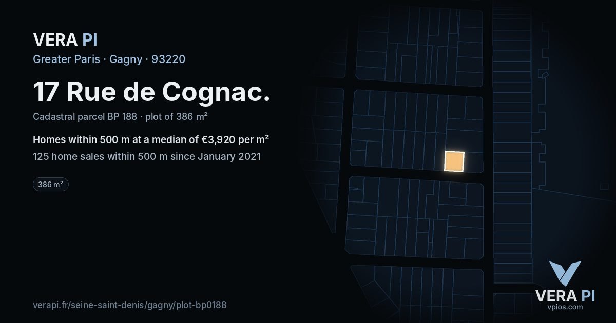 17 Rue de Cognac, Gagny at night – the plot lit, the parcels around coloured by the prices near them