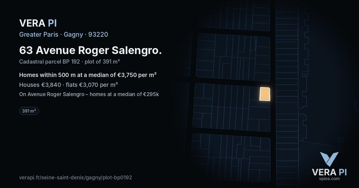 63 Avenue Roger Salengro, Gagny at night – the plot lit, the parcels around coloured by the prices near them