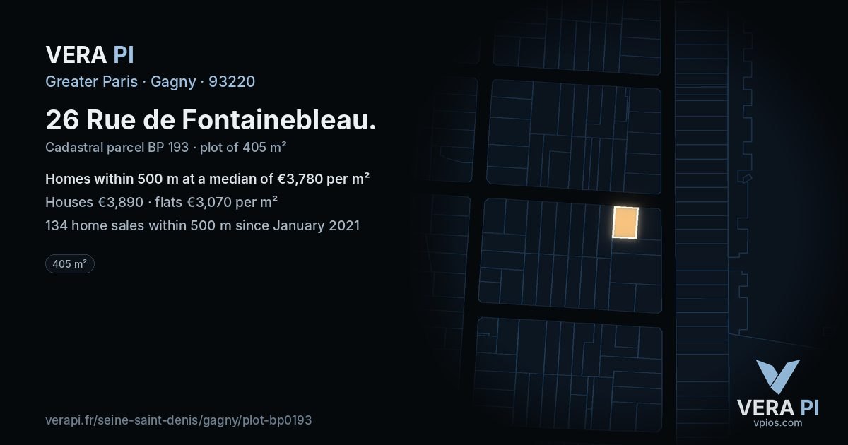 26 Rue de Fontainebleau, Gagny at night – the plot lit, the parcels around coloured by the prices near them